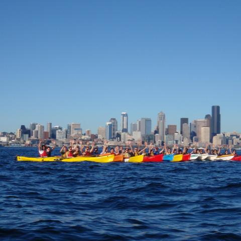 kayak group with Seattle skyline